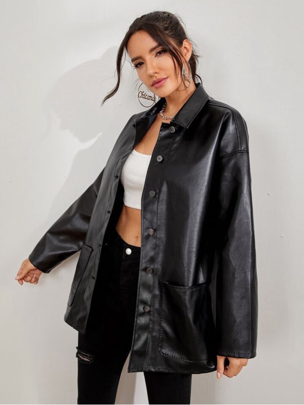 Oversized Black Faux Leather Shirt Jacket Snap Button Minimalist Shacket - Picture 3 of 10